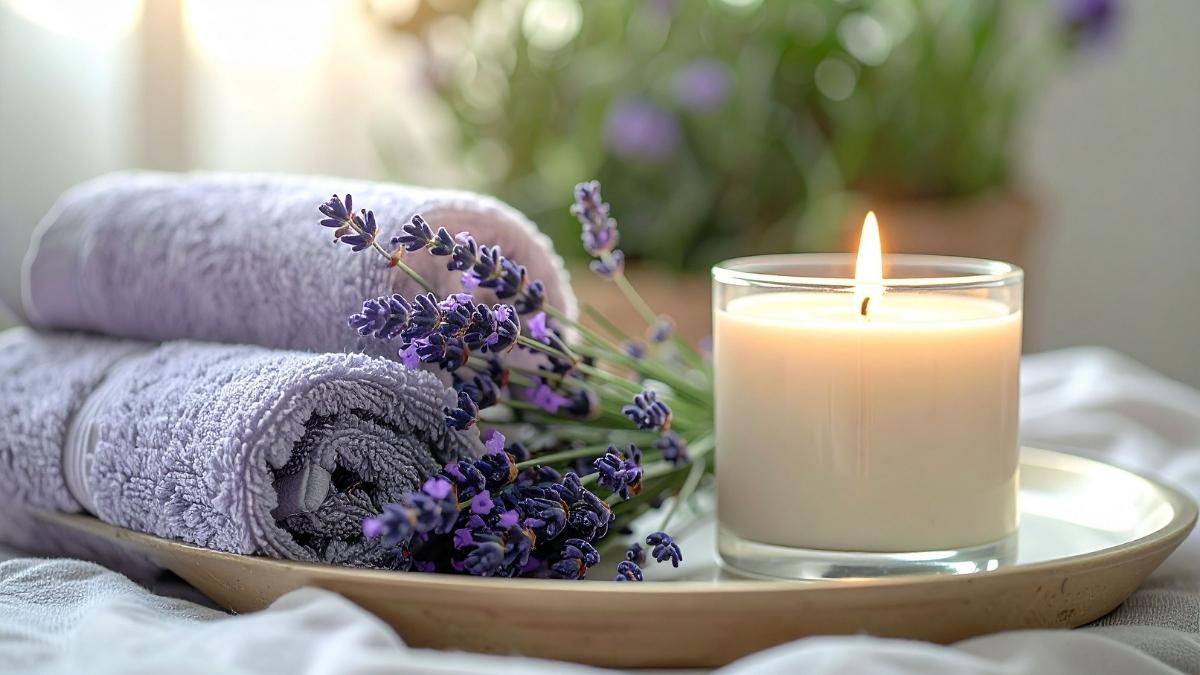 A lit candle, lavender flowers and rolled towels arranged on a tray in a calm setting that reflects natural wellness.